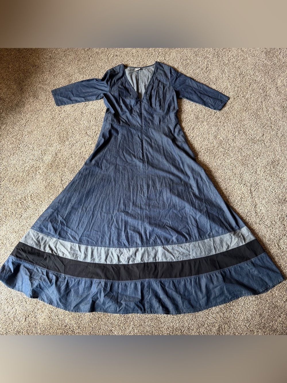Eshakti Maxi Dress Deep V Neck 100% Cotton Babydoll 3/4 Sleeve Empire Waist Sz L